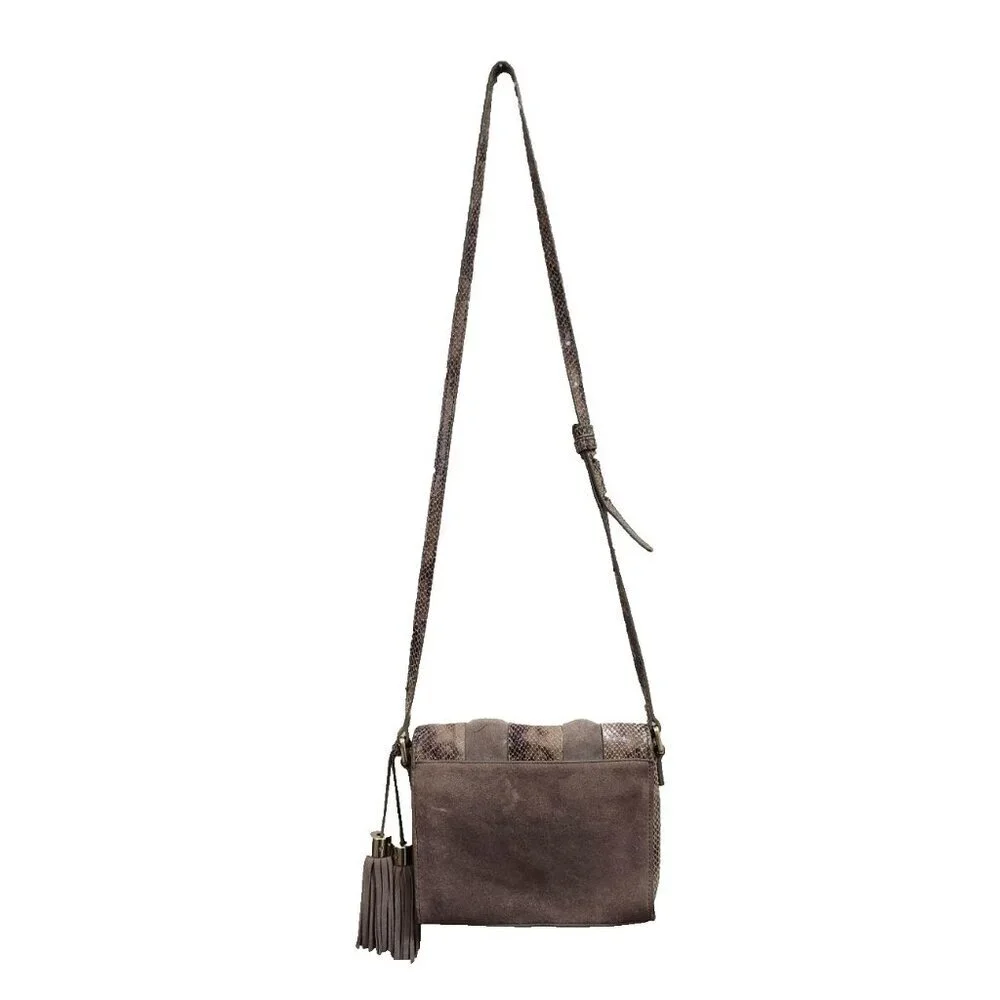 Antropologie Morgan  Woven Suede Crossbody Bag Snakeskin Accents Tassel Boho
